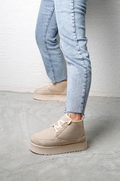 Beyond Μπεζ Mebe Sheepskin Ψηλή Σόλα Suede Μποτάκια 4,5 cm BYNDMB02