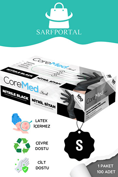 COREMED Siyah Nitril Muayene Eldiveni Pudrasız 100'lü Paket - Small
