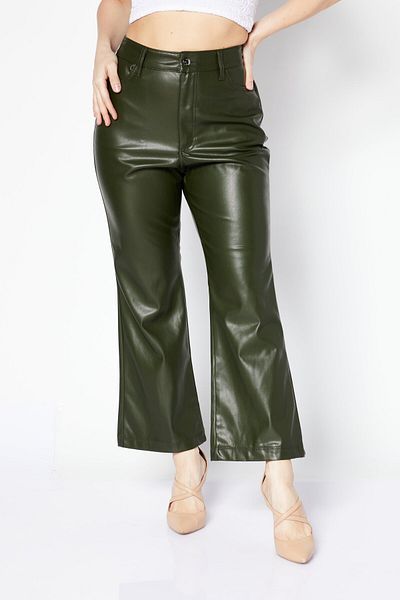 Dkny Women Faux-leather Kick Flare Pants, Cadet Green