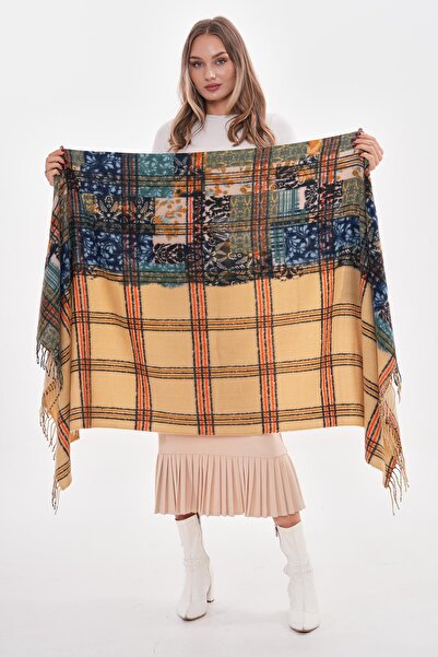 Axesoire 15222 Ekose Desenli Hardal Püsküllü Kalın Şal