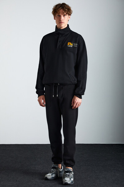 GRIMELANGE Ανδρικό παντελόνι Goran από οργανικό βαμβάκι με φλις εσωτερικές τσέπες και ελαστικό μαύρο παντελόνι