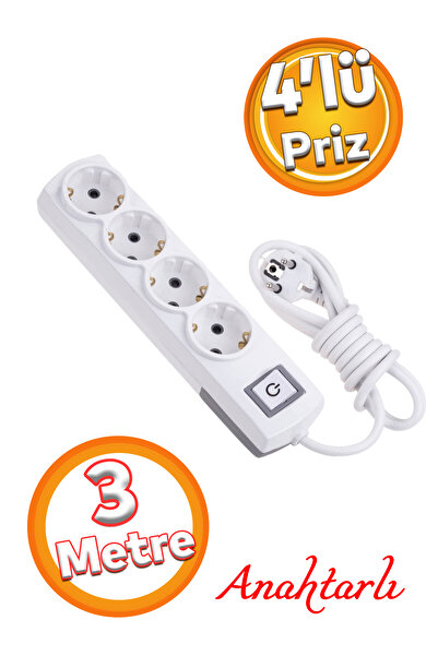 Badem10 Anahtarlı 4'lü Grup Priz - (3 METRE) Topraklı Grup Priz Fiş Çoğaltıcı...