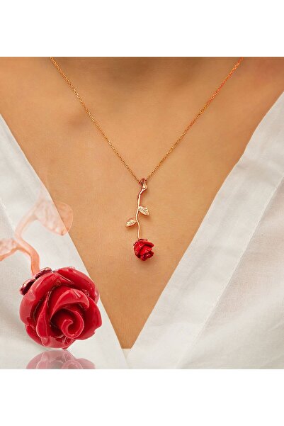 OGO SİLVER 925 Ayar Gümüş Kırmızı Gül Kolye