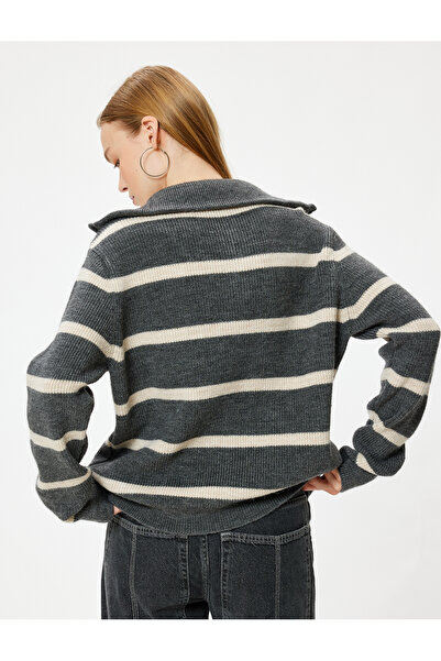 Koton Color Block Off Shoulder Comfortable Sweater - Long Sleeve, Half Zip