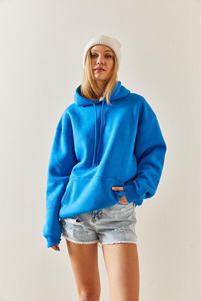 3 Şardon İplik Mavi Kapşonlu Sweatshirt Modeli