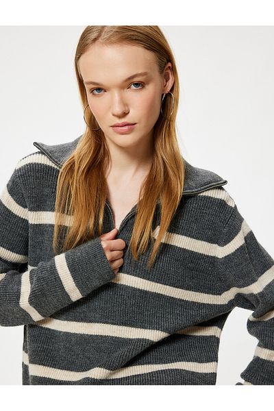 Koton Color Block Off Shoulder Comfortable Sweater - Long Sleeve, Half Zip