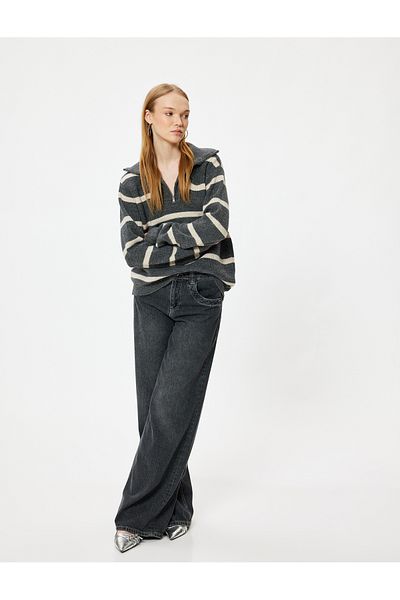 Koton Color Block Off Shoulder Comfortable Sweater - Long Sleeve, Half Zip