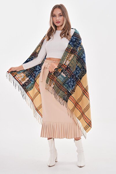 Axesoire 15222 Ekose Desenli Hardal Püsküllü Kalın Şal