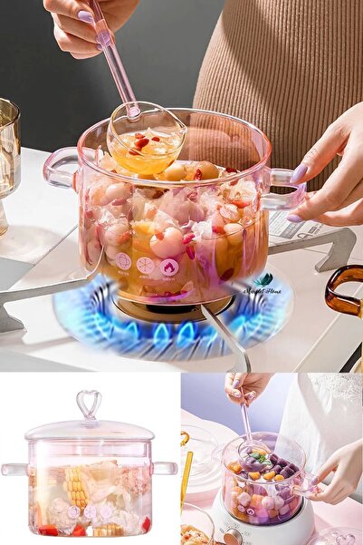 Maridet Pembe Kalp Figürlü Isıya Dayanıklı Borosilikat Termisil Ocak Üstü Kulplu Cam Tencere 1500cc