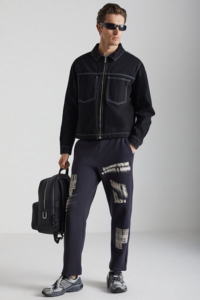 GRIMELANGE Iakob Men's - Soft Organic Cotton Anthracite Sweatpants with 3 Thread Print Detail