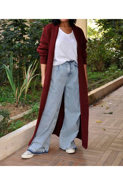 Lavanta Tekstil Shawl Collar Claret Red Maxi Cardigan