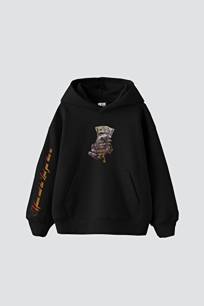 Sekizbiraltı Оверсайз унісекс преміум чорна худі з принтом «рука з грошима»