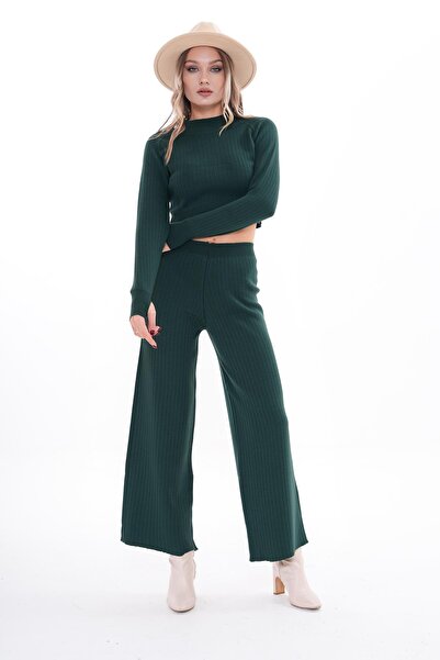 ŞİMAL Women's Knitwear Knitted Pants Crop Two-Piece Set 255047 -