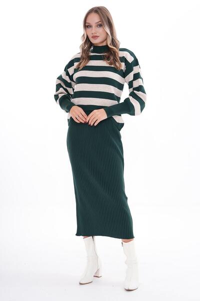 ŞİMAL Women's Striped Patterned Knitwear Knitted Two-Piece Set 255049 -