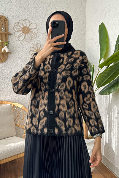 Salih Çelebi Cardigan tricot cu barbă cu model leopard 1455 - TABA