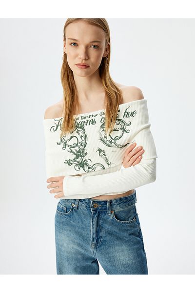 Koton Long Sleeve Off-The-Shoulder Madonna Neck Slogan Printed Ribbed Slim Fit T-Shirt