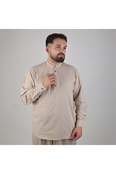 İkranur Μπεζ χρώμα 100% βαμβάκι - Πουκάμισο με μακρυμάνικο γιακά