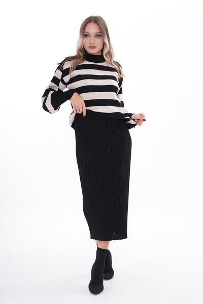 ŞİMAL Women's Striped Patterned Knitwear Knitted Two-Piece Set 255049 -