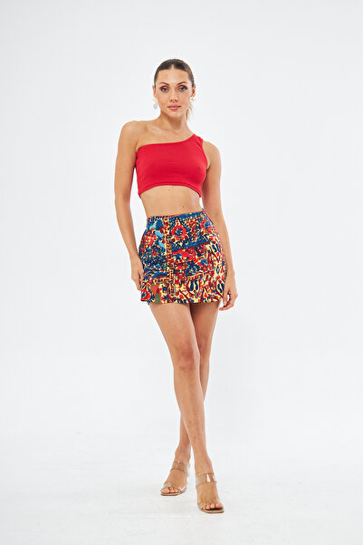 Si&Su Kadın Kruvaze Model Kapaklı Bermuda Desenli Mini Şort Etek