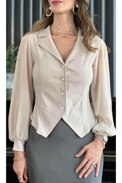 Atelier Derin Μπεζ μανίκια Μπλούζα με γιακά από τούλι