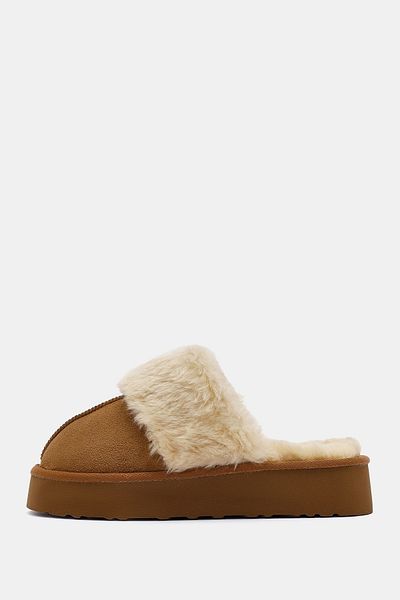 Bestyle Γυναικείες παντόφλες Lotus Camel με εσωτερική γούνα