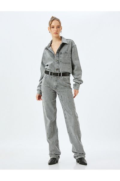 Koton Gerade lange Jeans mit Steindetails – normale Taille, lange Beine