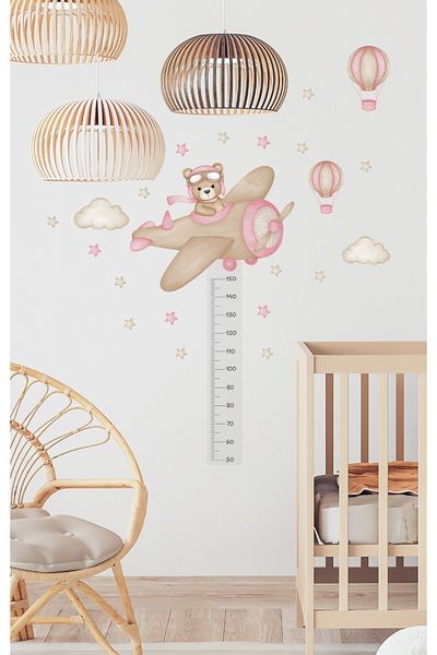 Sim Tasarım Height Gauge Pink Pilot Teddy Bear Air Balloons Kids Room Wall Sticker