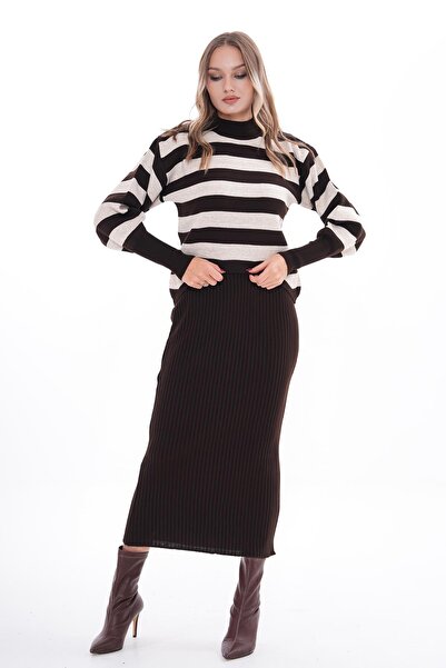 ŞİMAL Women's Striped Patterned Knitwear Knitted Two-Piece Set 255049 -