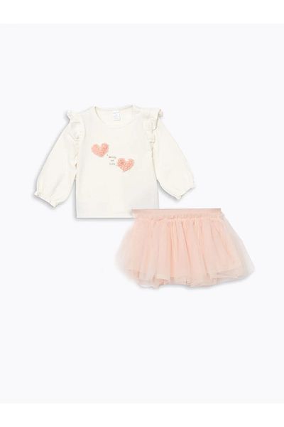 LC Waikiki Lcw Baby Ecru Crew Neck Baby Girl Blouse and Tutu Skirt 2-Piece