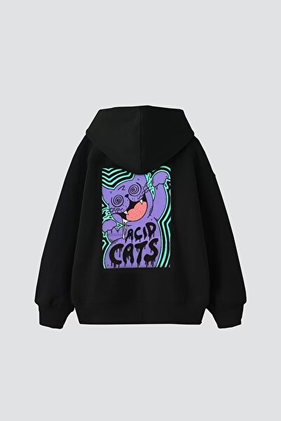Sokak Butik Φούτερ με κουκούλα με κουκούλα Acid Cat με μαύρη στάμπα