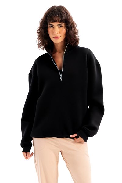 JUSTEVER Oversize Fit Stand Collar Semi Zippered Raised Black Women's Sweatshirt - Cass