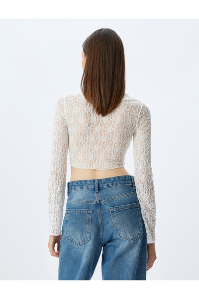 Koton Lace V Neck Ruffled Spanish Sleeve Crop Blouse