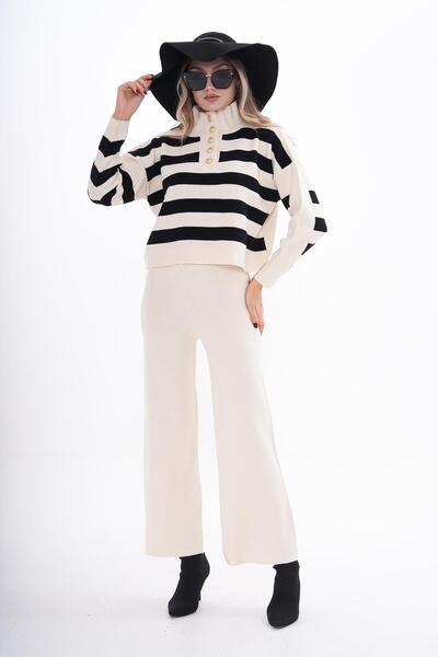 ŞİMAL Women's Stripe Detailed Trouser Knitwear Knitted Two-Piece Set 255051 -