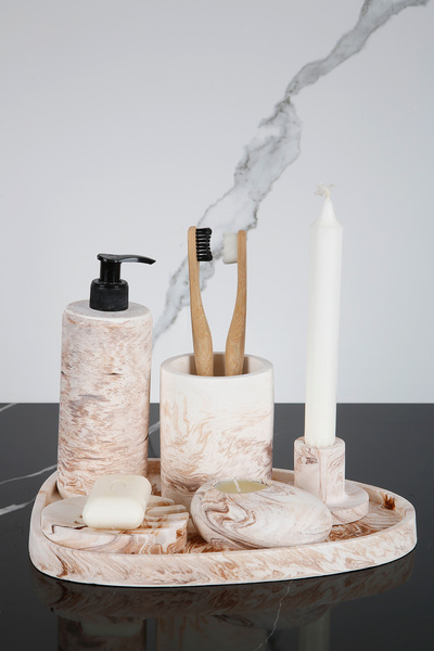 betonmall Σετ μπάνιου από σκυρόδεμα 6 τεμαχίων με μαρμάρινο σχέδιο, θήκη για κεριά, θήκη για οδοντόβουρτσα θυμιατηρίου