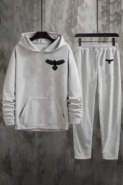 Elfa Tekstil Unisex Eagle Front Printed Hooded Oversize Gray Tracksuit Set