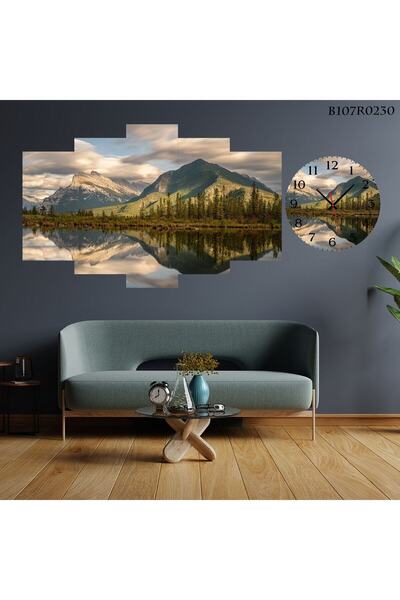 Değerli Parçalı Ahşap Duvar Tablo 5 Parça Set Ve Saatli