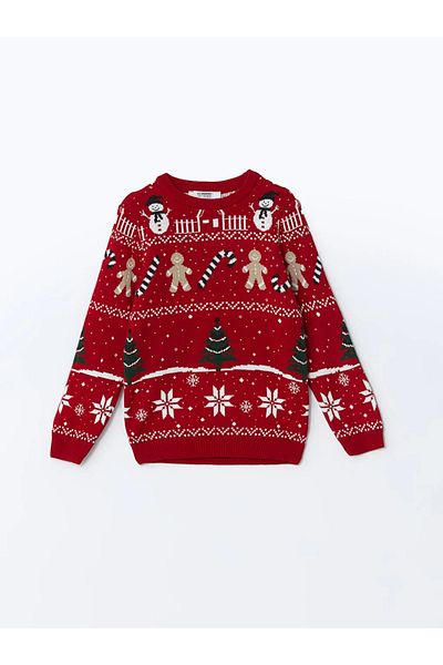 LC Waikiki LCW Kids Roter Strickpullover für Jungen mit Rundhalsausschnitt und Neujahrsmotiv