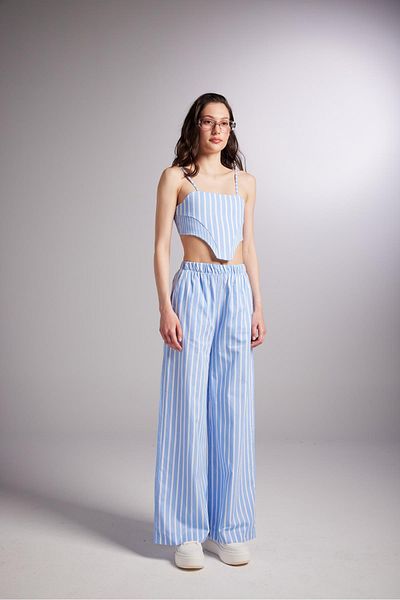 HOLLY LOLLY Striped Harmony Poplin Trousers with Elastic Waist Blue