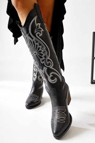 Limoya Dani Black Broderie Detaliată Varf Ascuțit Western, Cizme Cowboy Damă