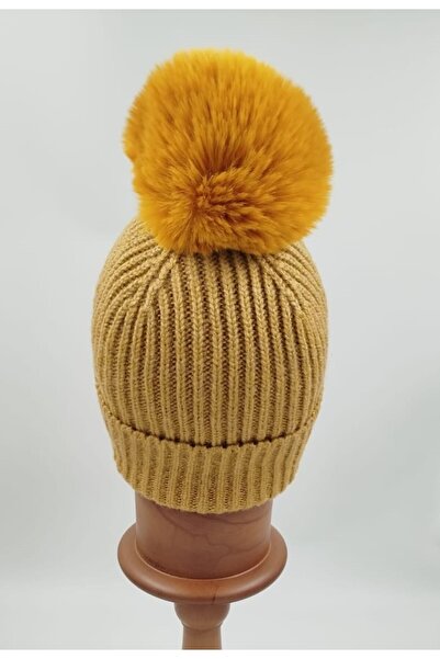 OnMyHead Hardal Renk Örgülü Katlamalı Ponponlu Bere