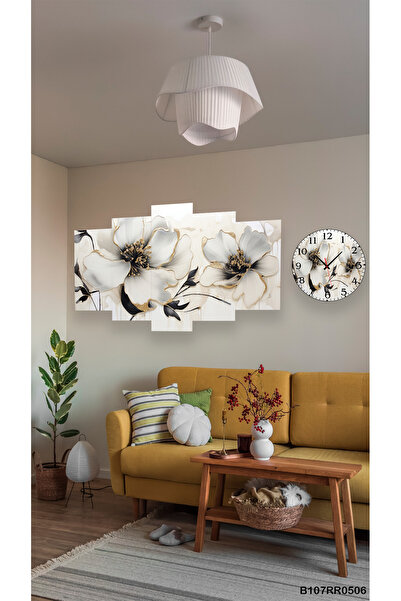 A2ZTR Beyaz Gül Tablo Duvar Mdf Tablo 5 Parça Set Ve Saatli