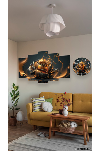 A2ZTR 3d Gül Tablo Duvar Mdf Tablo 5 Parça Set Ve Saatli