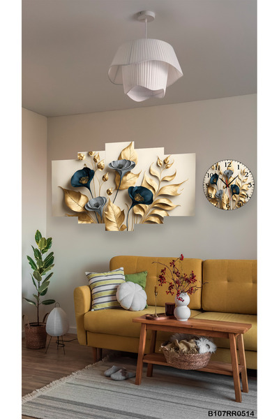 A2ZTR Duvar Mdf Tablo 5 Parça Set Ve saatli