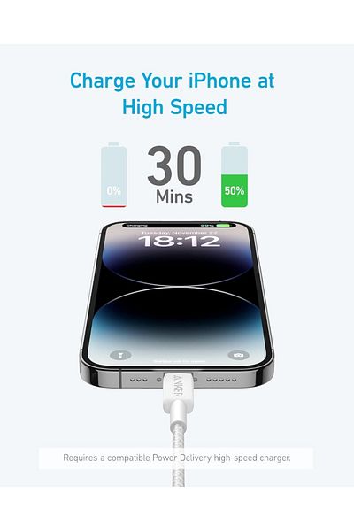 Anker 322 USB-C to Lightning Cable 3ft Braided White | Fast Charging| Data Transfer|