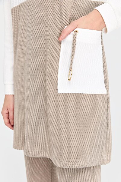 Esswaap Renk Bloklu Pike Dokulu Pantolonlu Takım  Vizon