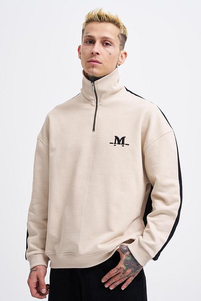 Machinist Ανδρικό φούτερ Soft Beige ριγέ - Ψηλός λαιμός