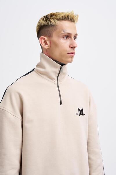 Machinist Soft Beige Men's Stripe Sweatshirt - High Neck