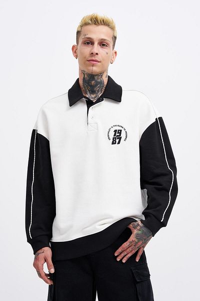 Machinist Ανδρικό φούτερ Contrast και Piped Polo Ecru Μαύρο
