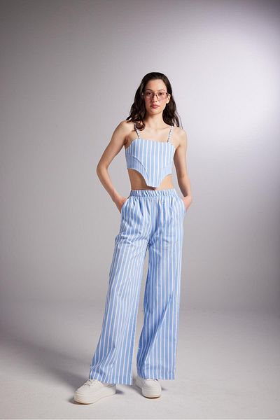 HOLLY LOLLY Striped Harmony Poplin Trousers with Elastic Waist Blue