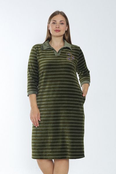 İntensive Green Three Quarter Sleeve Pocket Embroidery Women's Plus Size Cotton Velvet Dress